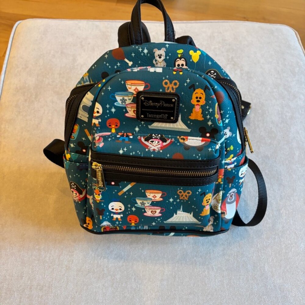 DISNEY PARKS LOUNGEFLY BACKPACK Disney Characters Blue EUC - Picture 2 of 16